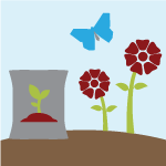 Illustration of a seed bag, flowers and butterfly