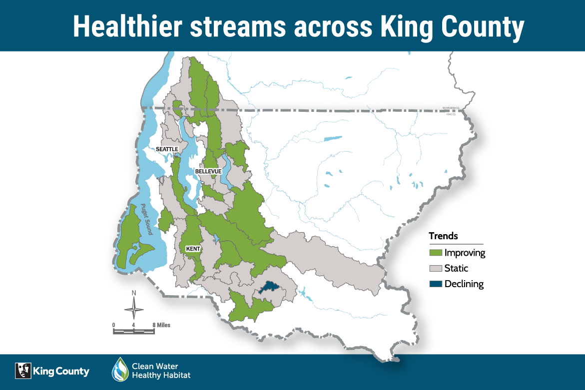 Map showing healthier streams across King County by basin area