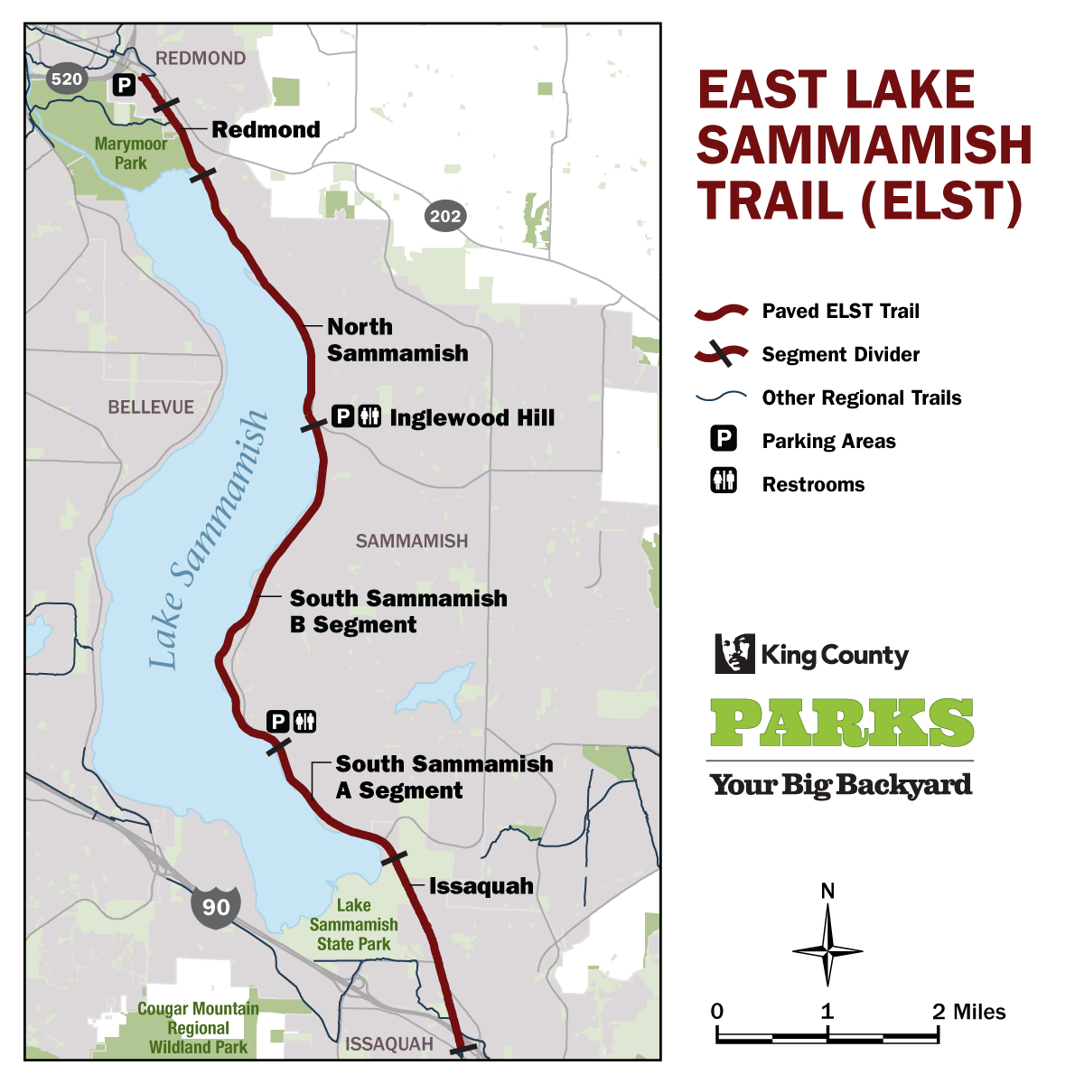 East Lake Sammamish Trail map showing parks, trail segments, parking and bathrooms