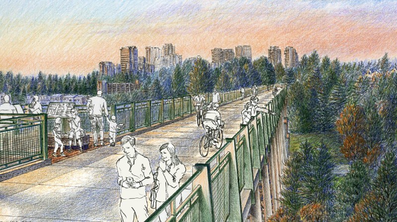 EasTrail design drawing of Wilburton Trestle with people enjoying the trail