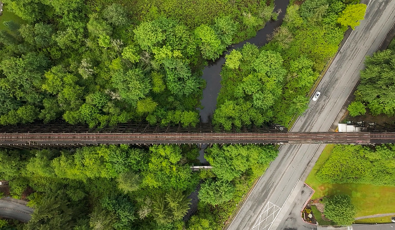 EasTrail aerial photo overlooking Wilburton Trestle