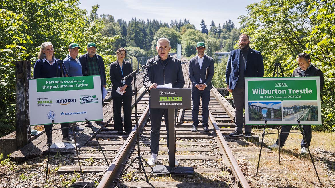 Executive Dow Constantine speaks at the groundbreaking on a project to transform the 120-year-old Wilburton Trestle into a trail bridge that will be part of the 42-mile Eastrail