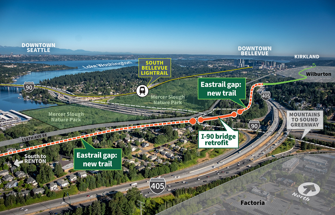 Aerial photo of the planned Eastrail bridge over I-90 and trail connections