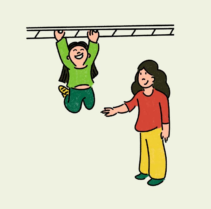 Art showing a girl playing on monkey bars with mom ready to catch her