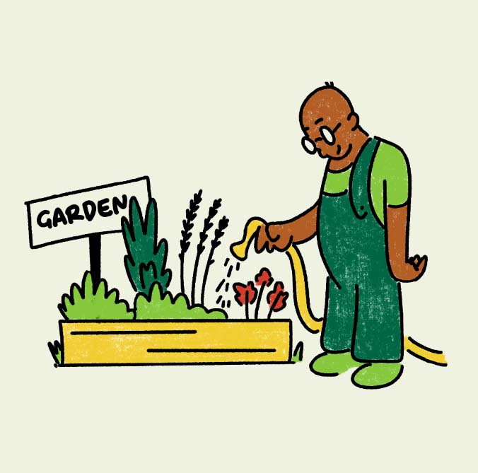 Art showing a man watering raised beds in a garden