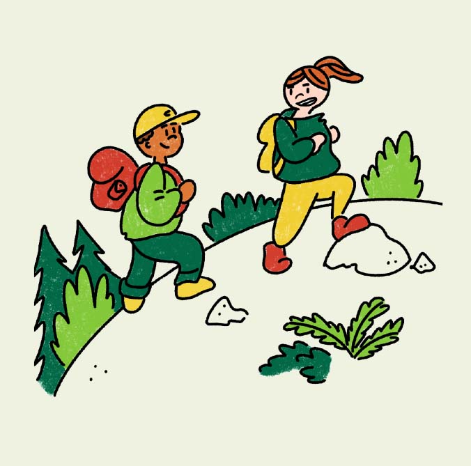 Art showing young people hiking outdoors