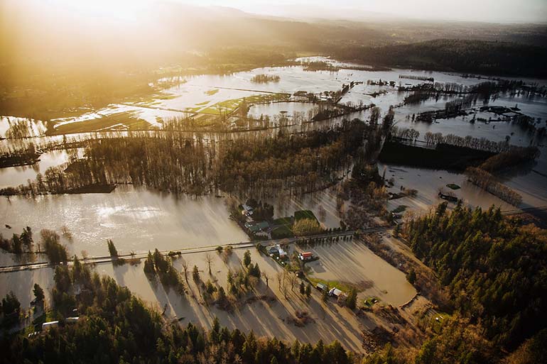 Snoqualmie Valley flooding at sunset