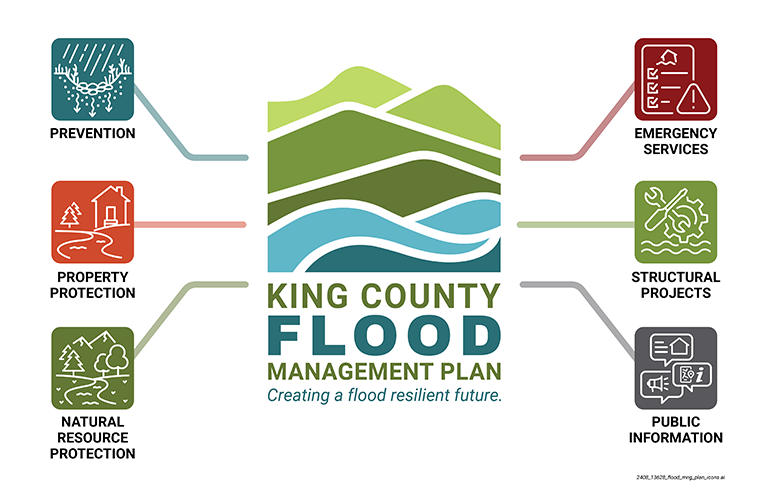 King County Flood Management Plan, creating a flood resilient future: prevention, property protection, emergency services, natural resource protection, structural projects, public information