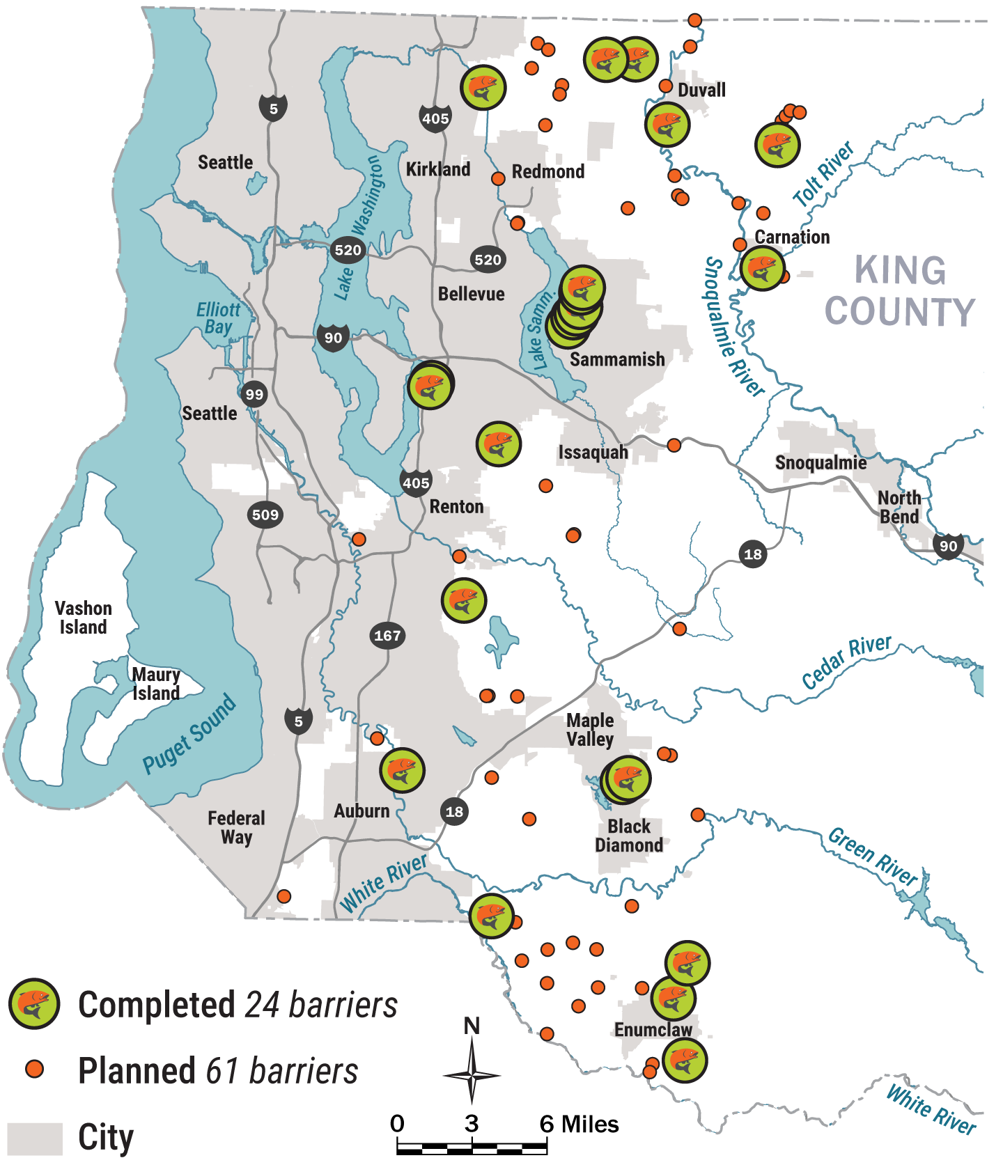 Map of fish passage projects in King County