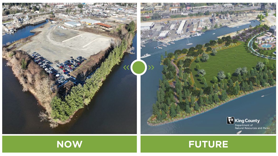 Current and future comparison photos of industrial land to be made into a landmark park where the Sammamish River enters Lake Washington