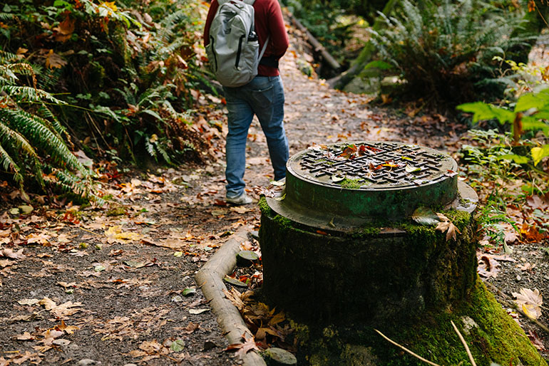 Sewer maintenance cover along a trail