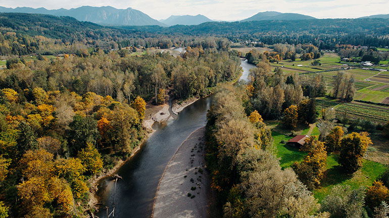 Aerial view of the Snoqualmie River by Fall City