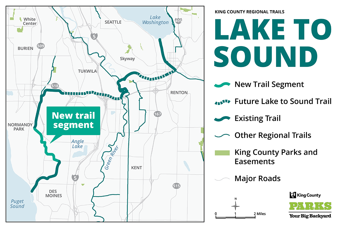 Map of the Lake to Sound trail including segments open for use from Des Moines through SeaTac to Normandy Park