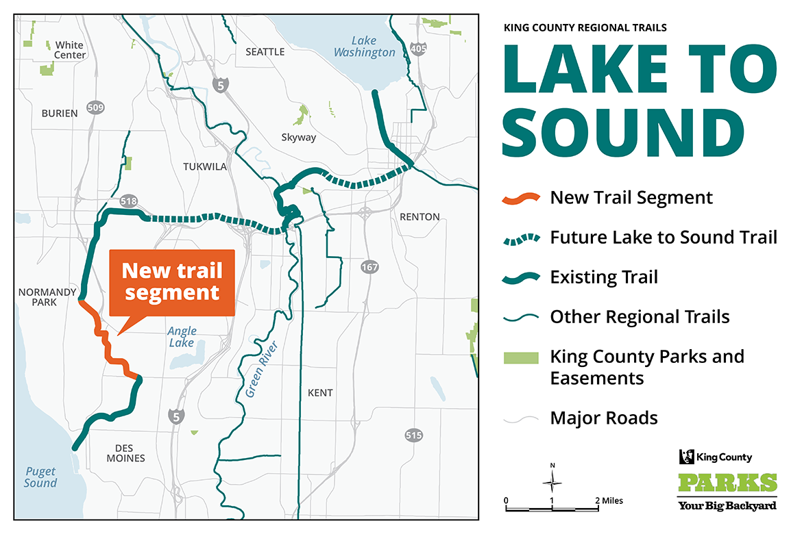 Map of the Lake to Sound trail including segments open for use from Des Moines through SeaTac to Normandy Park