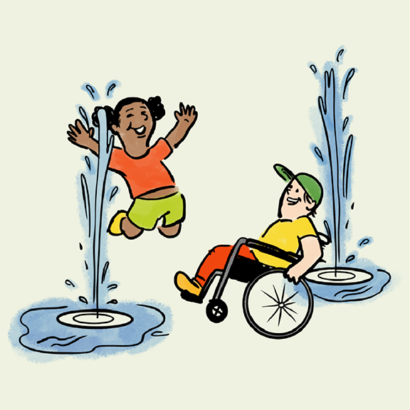 Artwork of kids playing by fountains