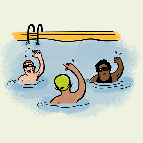 Artwork of people exercising in a pool