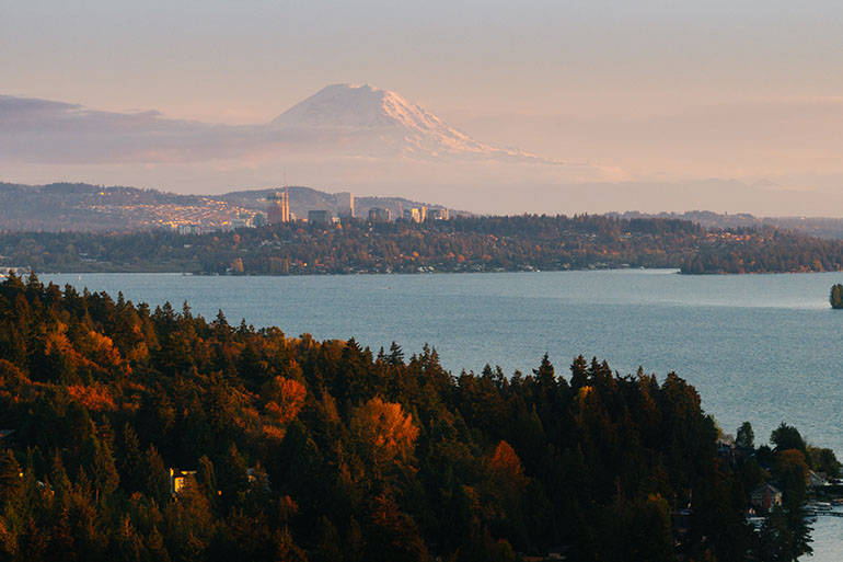 View of of Lake Washington and Mount Rainier from Saint Edwards State Park in Kenmore