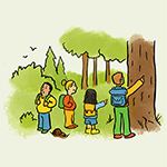 Artwork of kids exploring the outdoors and looking at a big tree - click, tap or enter to open the news