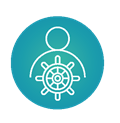 Icon illustration of a person behind a boat's steering wheel.