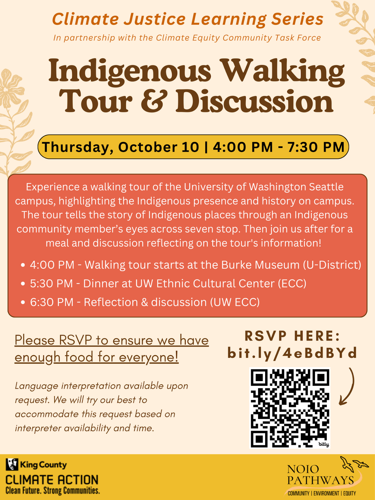 Climate Justice Learning Series poster reading Indigenous Walking Tour and Discussion with QR Code