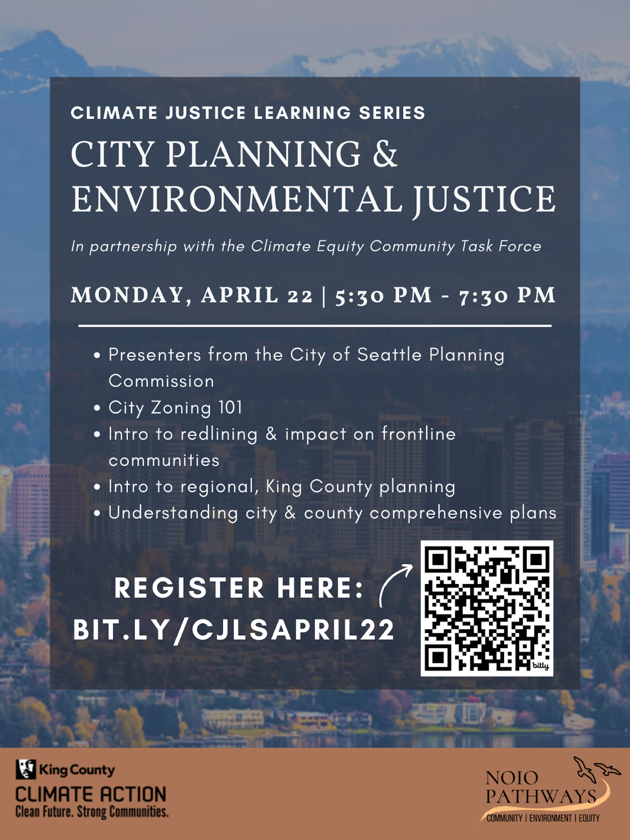 Climate Justice Learning Series poster reading city planning & enviro justice with qr code