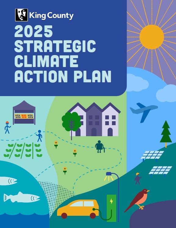 Cover of SCAP plan that reads "King County 2025 Strategic Climate Action Plan." Decorative images of a sun, apartment homes, a farmer's market, an airplane, solar panels, a bird, an electric vehicle and charger, and two fish.