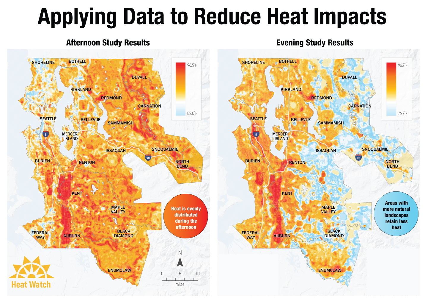 Two maps. First map shows surface temperature levels across most urban areas in King County in the afternoon. Heat is evenly distributed during the afternoon. Second map shows surface temperatures in the evening for the same area. Areas with more natural landscapes retain less heat. The hottest areas are red and are mostly concentrated in south King County.