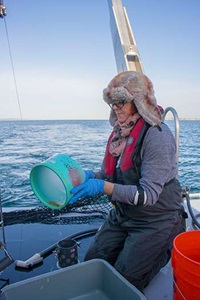 A scientist wearing dark rain gear, a red PFD, and a fuzzy hat works with a zooplankton sample in a green sieve on the rear deck of R/V SoundGuardian with Puget Sound in the background.