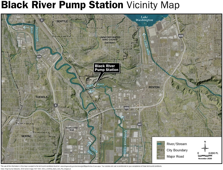 Map of Renton area with the Black River Pump Station identified near the Green River.