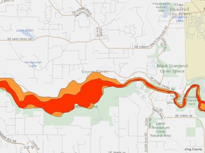 Map of a river with red and orange layers showing moderate and severe channel migration zones