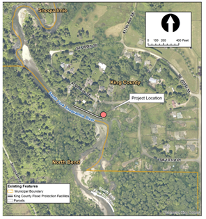 Map of the South Fork Snoqualmie River with a red dot marking the location of the Circle River Ranch Risk Reduction Project.