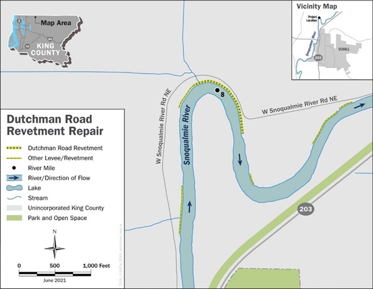Map with the site of the Dutchman Road Revetment Repair on the Snoqualmie River.