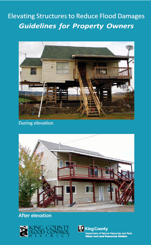 Cover of home elevation program brochure showing a house during elevation construction and after construction.