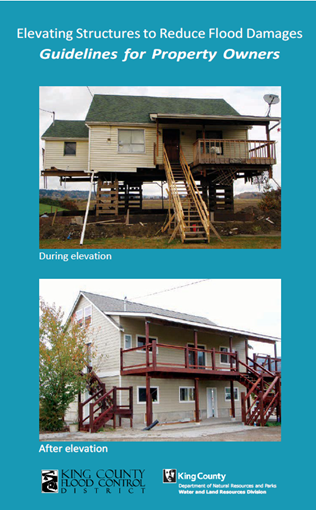 Cover of home elevation program brochure showing a house during elevation construction and after construction.