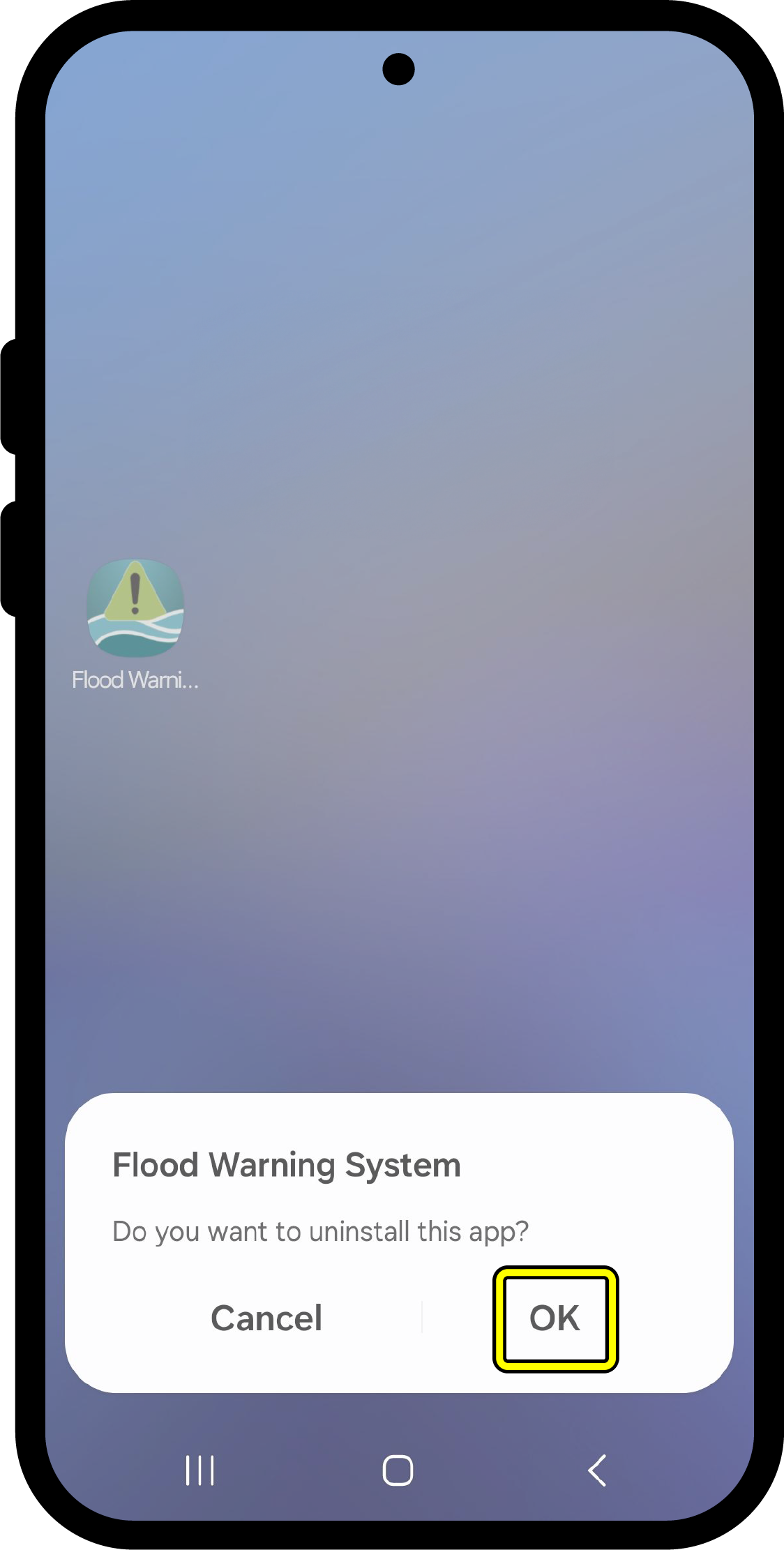 Uninstall app confirmation box shown