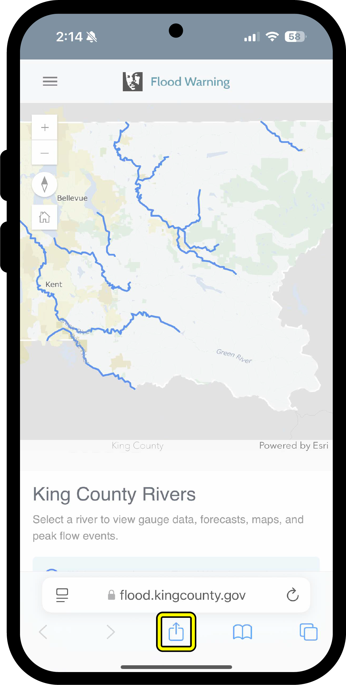 River map with share icon 