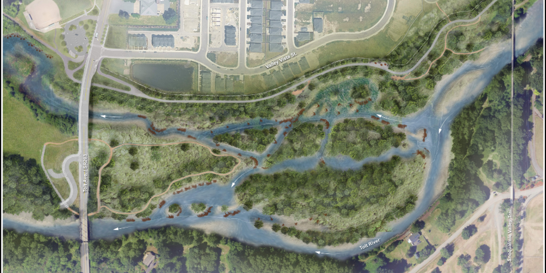 Rendering of an aerial view of the project site with reconnected floodplain and side channels