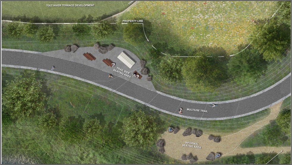 Rendering of two types of recreational seating areas along the setback levee trail.
