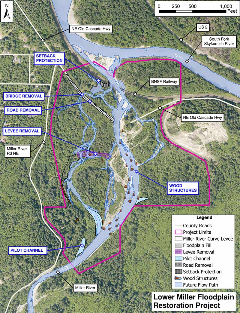Map of the Lower Miller Floodplain Restoration Project and its planned features