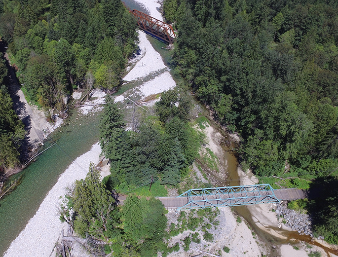 Aerial photo of Lower Miller River showing two bridges