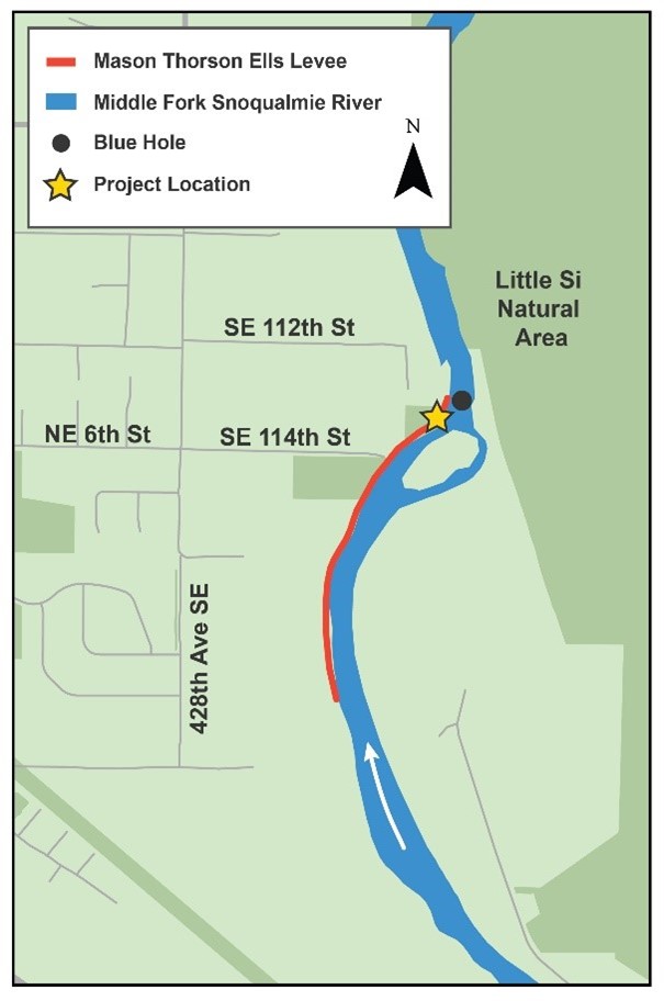 [El dique Mason Thorson Ells está situado en el banco occidental del Río Middle Fork Snoqualmie, cerca de la ciudad de North Bend.]