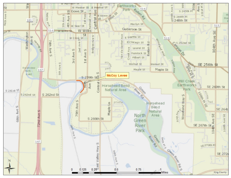 Map showing the McCoy Levee on the Green River west of State Route 169 and downstream of North Green River Park.