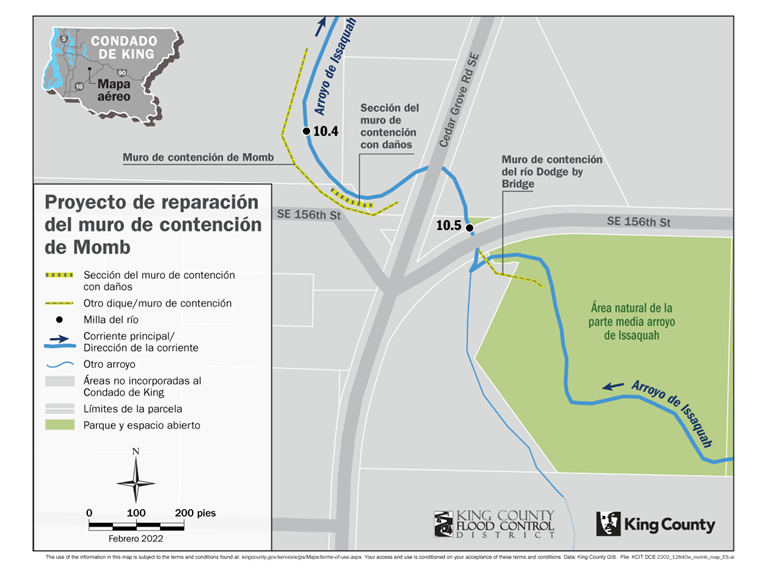 El muro de contención de Momb está ubicado cerca de la Milla 10.4 del río en el Issaquah Creek, cerca de la intersección con las calles Southeast 156th Street y Southeast Cedar Grove Road.