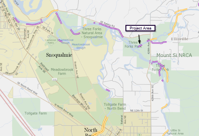 Map identifying the location of the project area east of Snoqualmie.