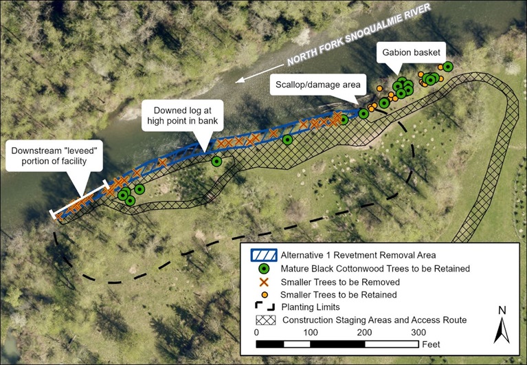 Aerial image of project site with markers for trees to be removed and retained.