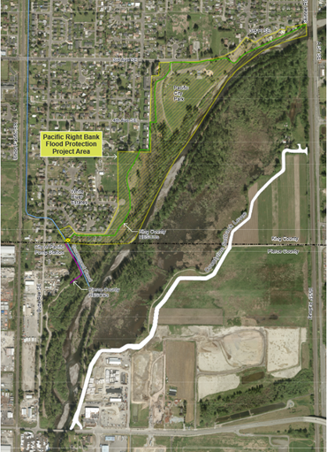 A map showing the location of the Pacific Right Bank project. The White River flows from the top right corner of the photo to the bottom left, diving the image diagonally. The Pacific Right Bank project is on the right bank of the river, toward the top of the image.