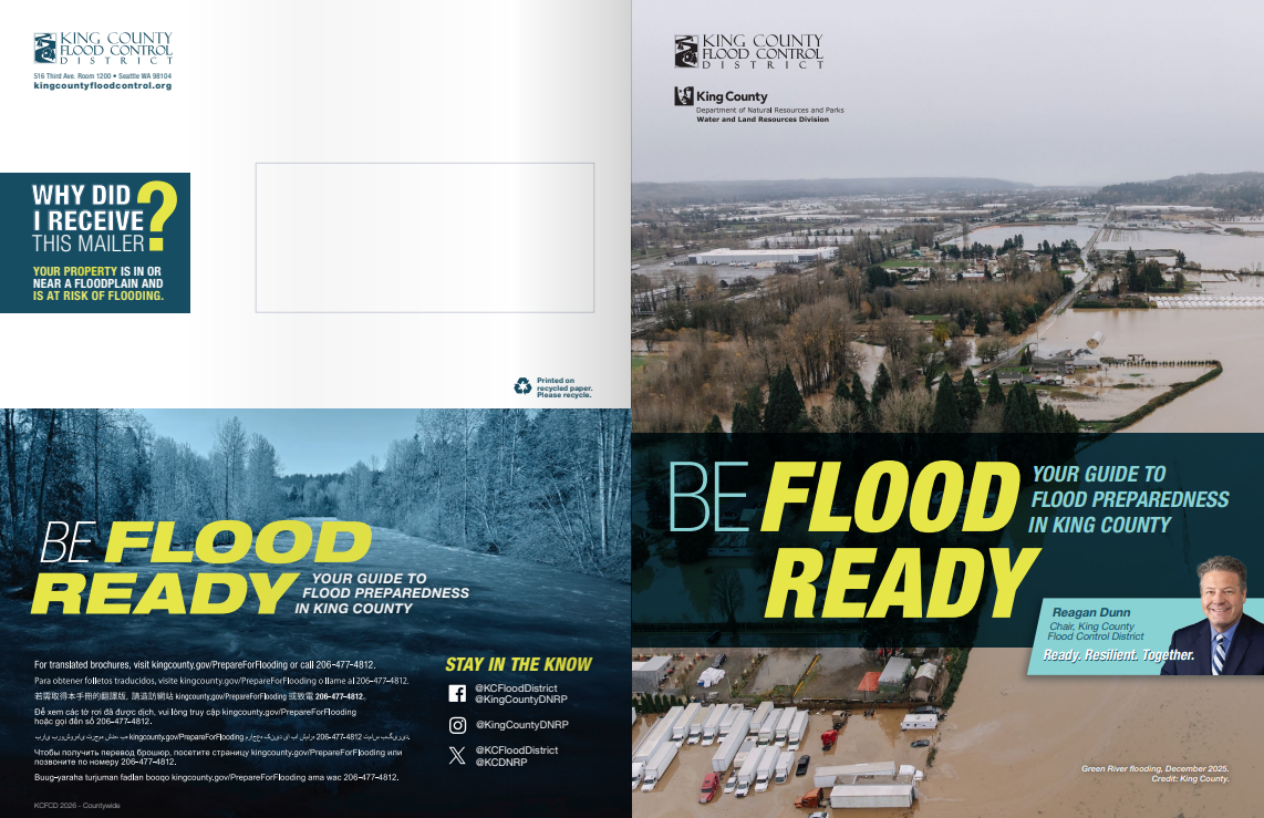 Front and back covers of the 2026-2027 Be Flood Ready guide with an aerial photo of a flooded neighborhood. Reagan Dunn, Chair of the King County Flood Control District, is in the foreground.