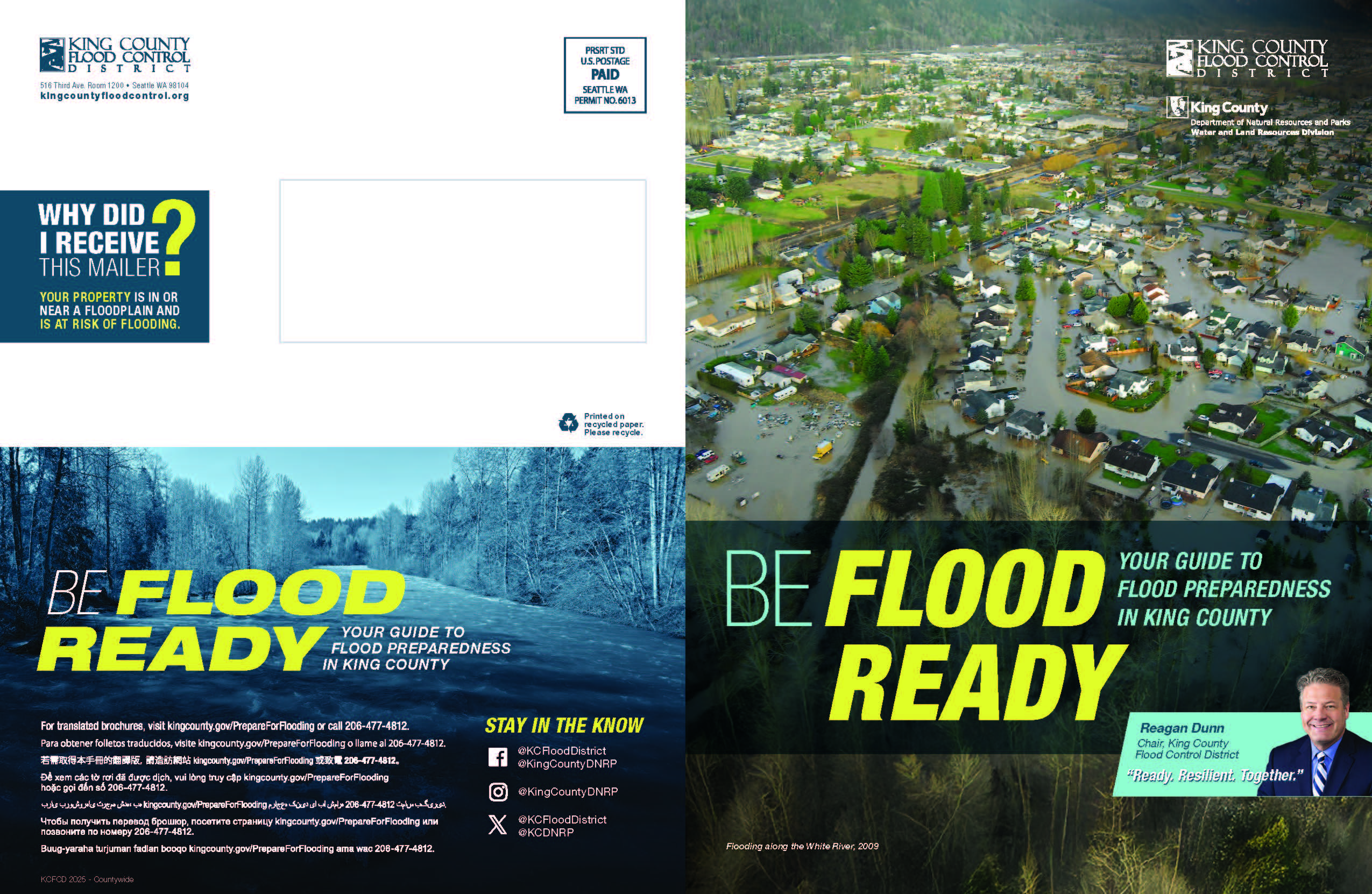 Front and back covers of the 2025-2026 Be Flood Ready guide with an aerial photo of a flooded neighborhood. Reagan Dunn, Chair of the King County Flood Control District, is in the foreground with 