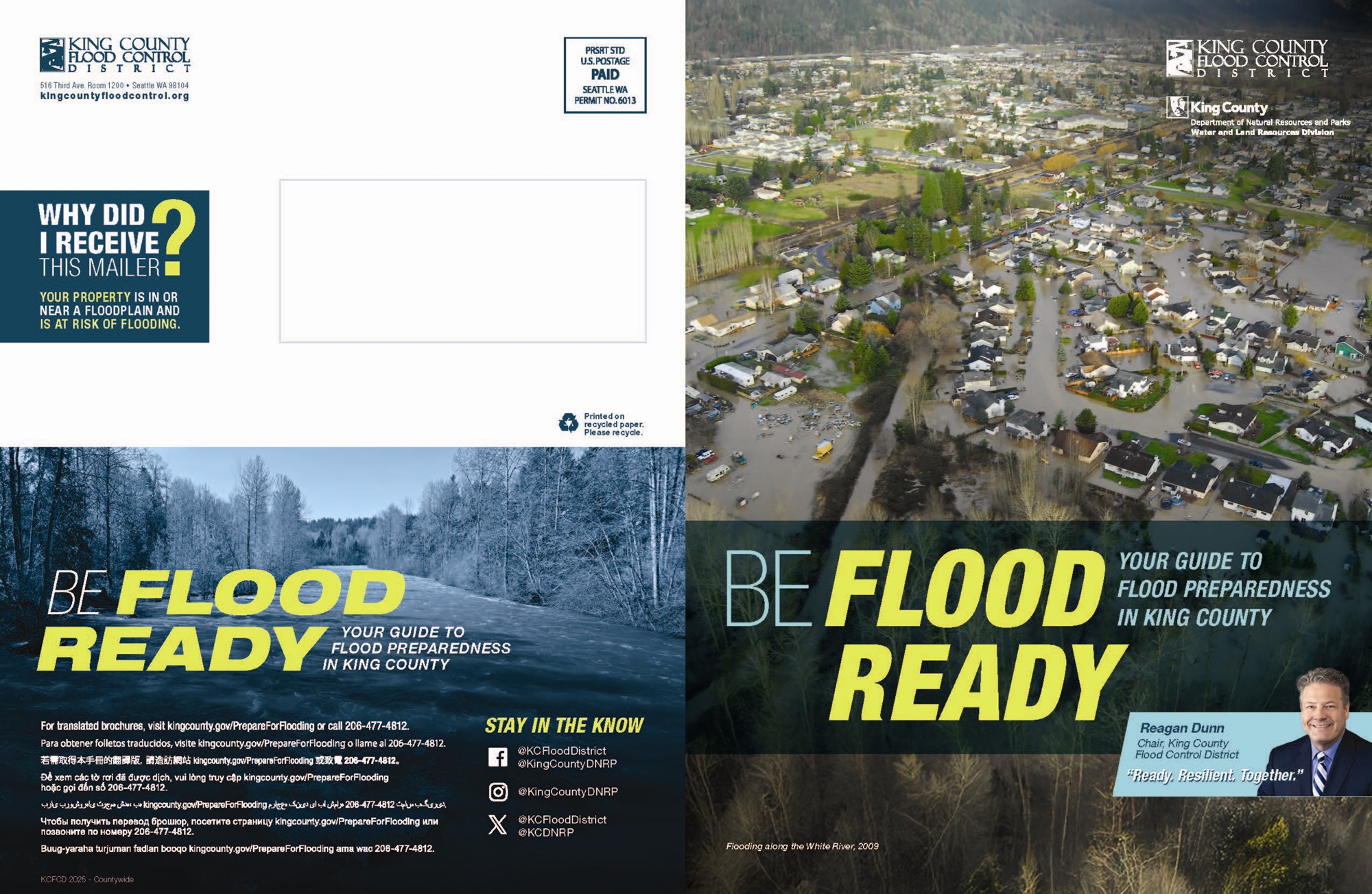Front and back covers of the 2025-2026 Be Flood Ready guide with an aerial photo of a flooded neighborhood. Reagan Dunn, Chair of the King County Flood Control District, is in the foreground with "Ready. Resilient. Together."