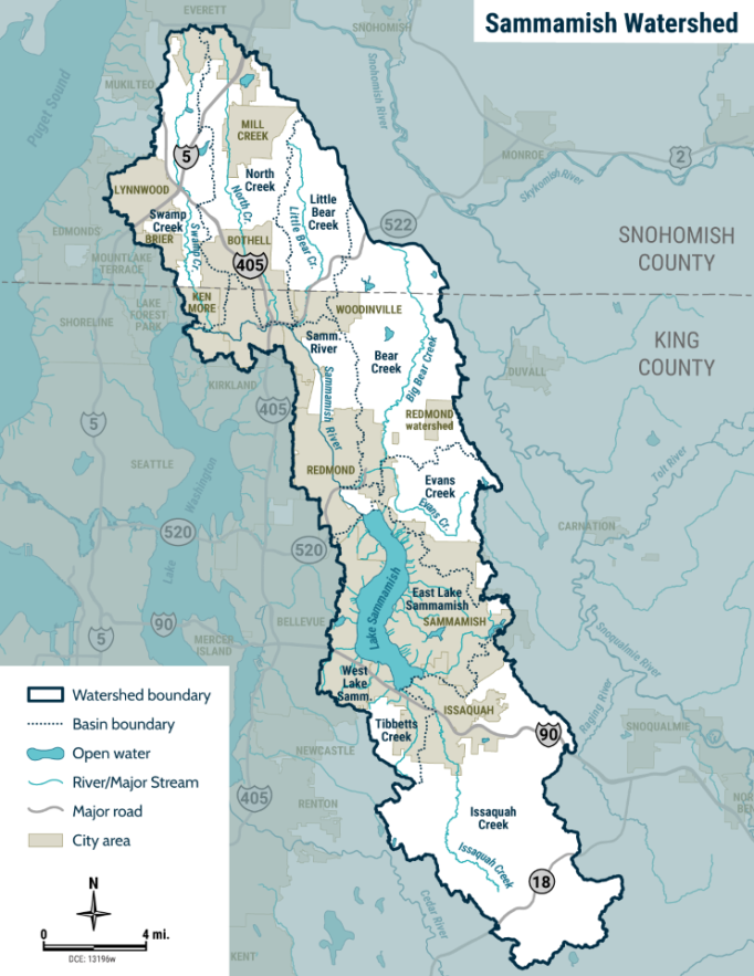A map showing the Sammamish River watershed, which encompasses a long vertical area from approximately the City of Issaquah in the south, to Mill Creek and Lynwood in the north. The watershed includes Lake Sammamish, Issaquah Creek, and numerous other creeks and tributaries.